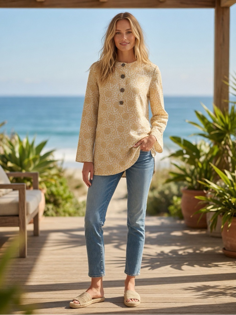 💛 TORY BURCH Yellow and White Patterned Button-Front Tunic